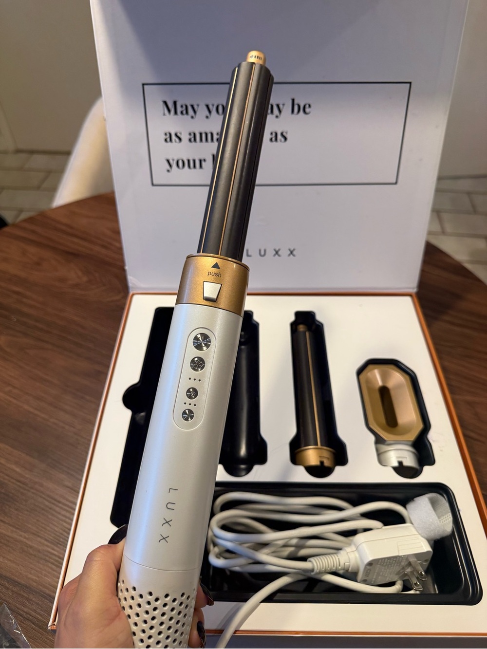 LUXX Cordless Rotating Curling Wand in White & Gold
